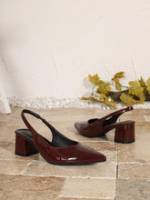 Women's Patent Leather Wine Red Chunky Heel Pumps, Elegant High Heel Shoes With Elastic Band